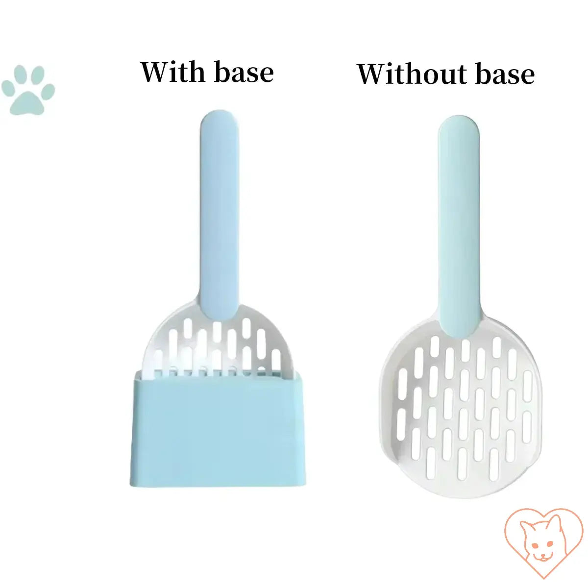 Plastic cat litter scoop with base and without base for efficient cleaning and storage.