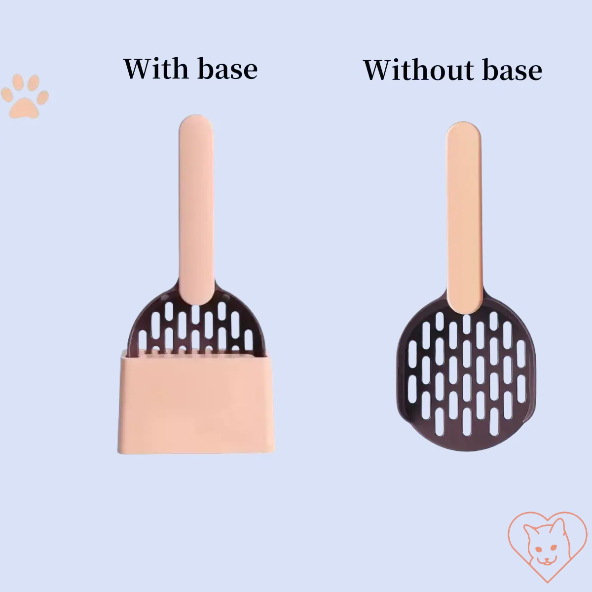 Plastic cat litter scoop with base and without base, designed for efficient litter cleaning and easy storage.