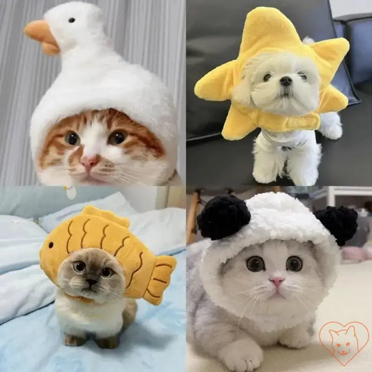 Four adorable pets in plush animal headbands: duck, star, fish, and panda designs for cute cosplay fun.