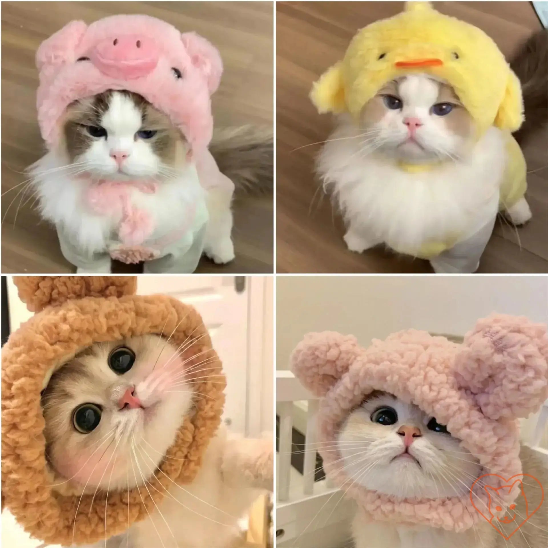 Four adorable cats wearing playful plush animal headbands: pig, chick, bear, and bunny styles for cute cosplay fun.