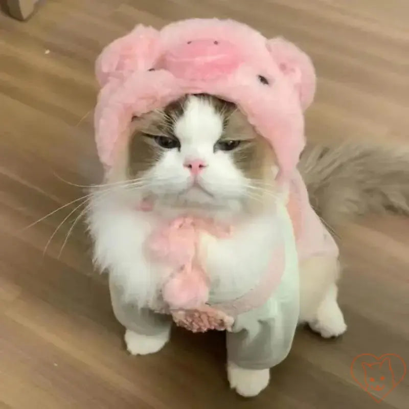 Adorable cat wearing a plush pig headband and outfit, showcasing cozy pet fashion perfect for autumn and winter.