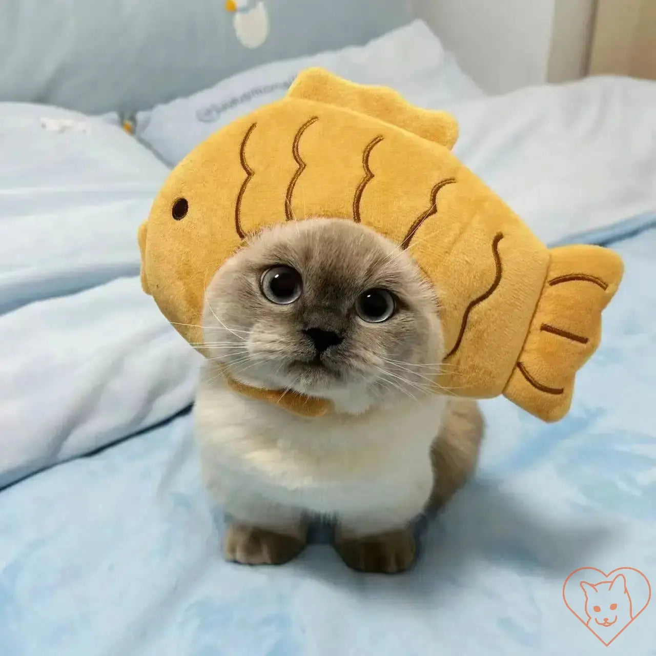 Adorable cat wearing a plush fish headband, showcasing a cute and cozy pet costume on a soft bed.