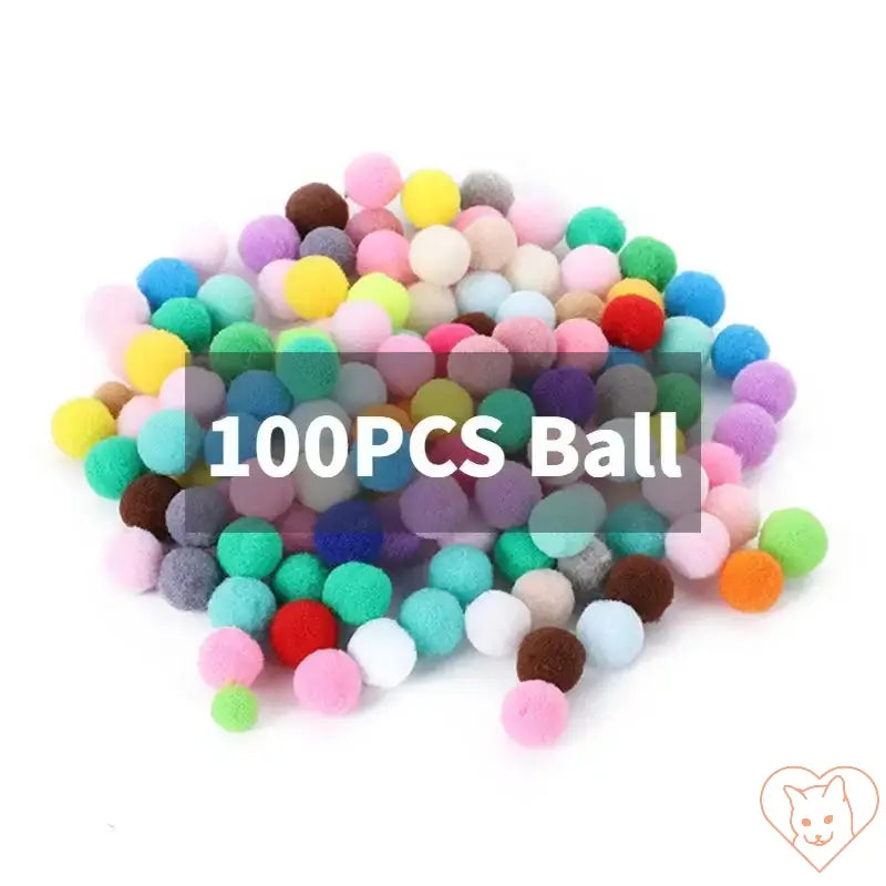 Colorful assortment of 100 soft plush balls, perfect for interactive cat toys or pet playtime.