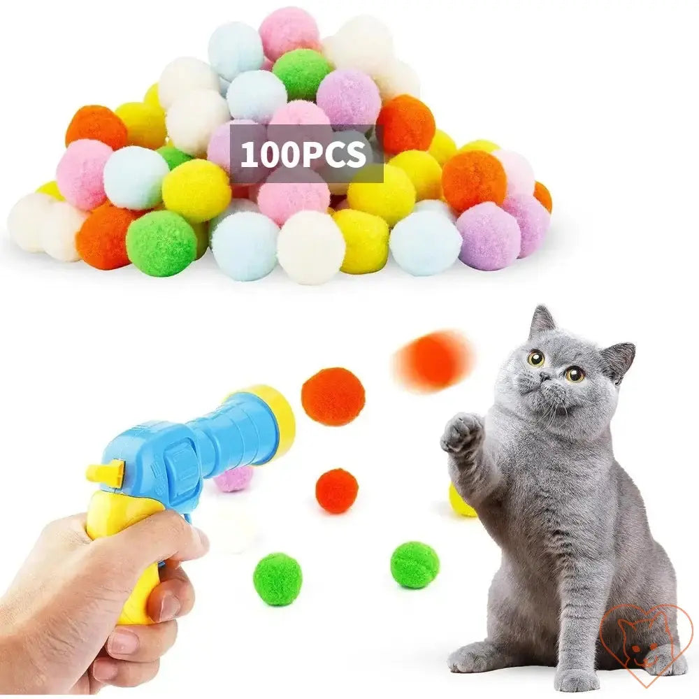 Interactive cat toy with plush balls and shooting gun, perfect for engaging playtime and exercise for cats.