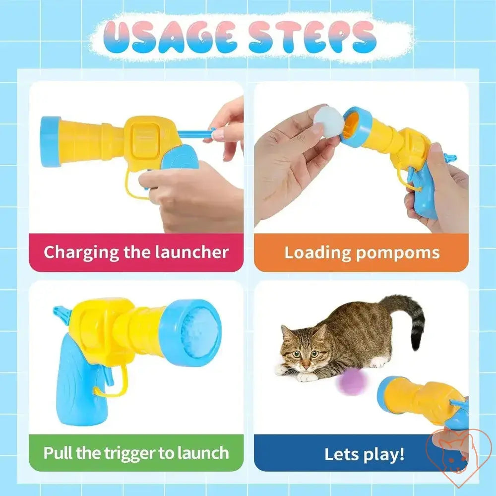 Instructions for using the Plush Ball Shooting Gun Cat Toy: charging, loading, launching, and playtime.