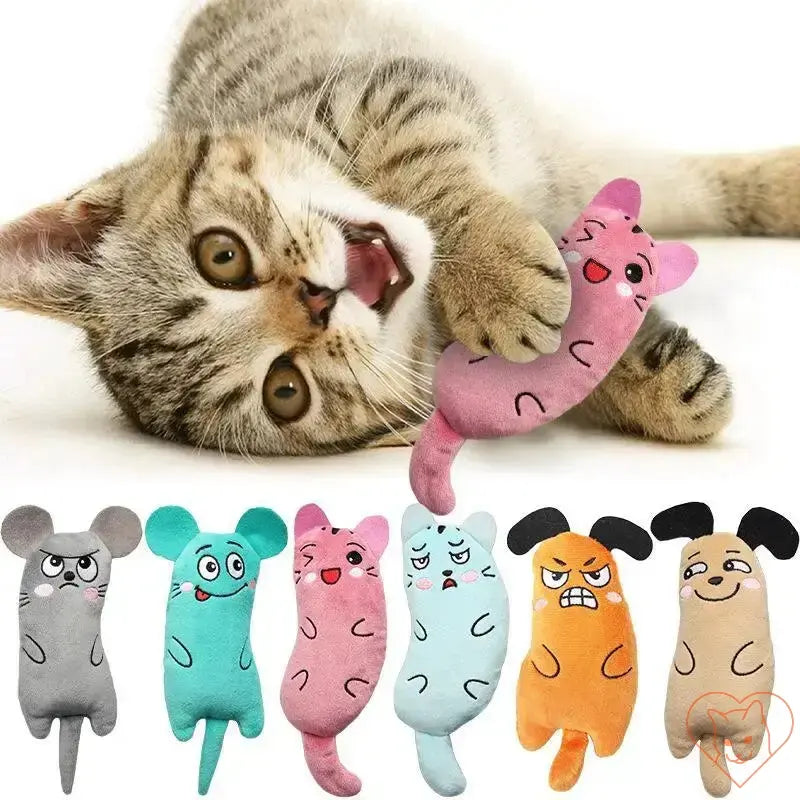 Cat playing with colorful plush catnip chew toys, showcasing interactive and squeaky designs for endless fun.