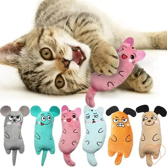 Cat playing with colorful plush catnip chew toys, showcasing interactive and squeaky designs for endless fun.