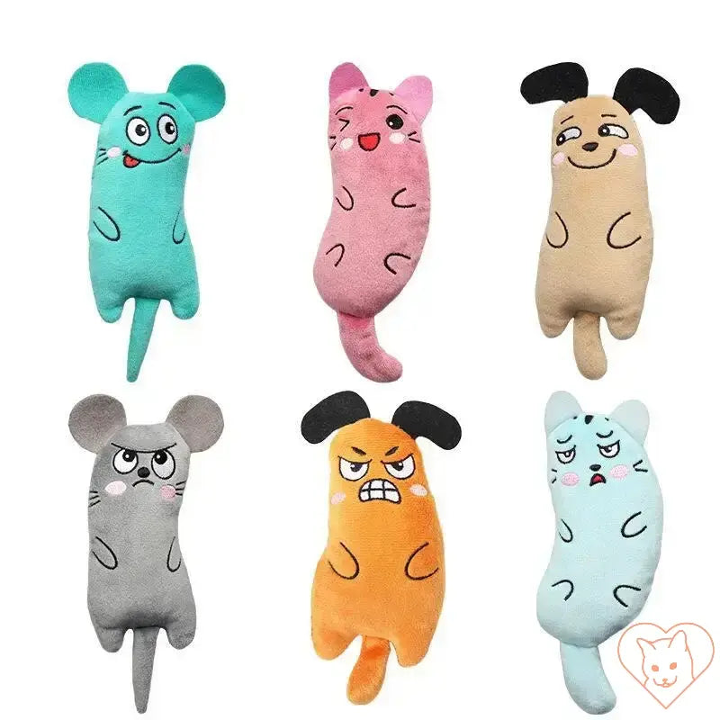 Colorful plush cat toys featuring various cute animal characters for interactive play and chewing fun.