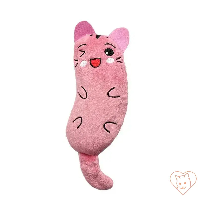 Cute pink plush cat toy with a smiling face, ideal for cats to chew and play interactively.