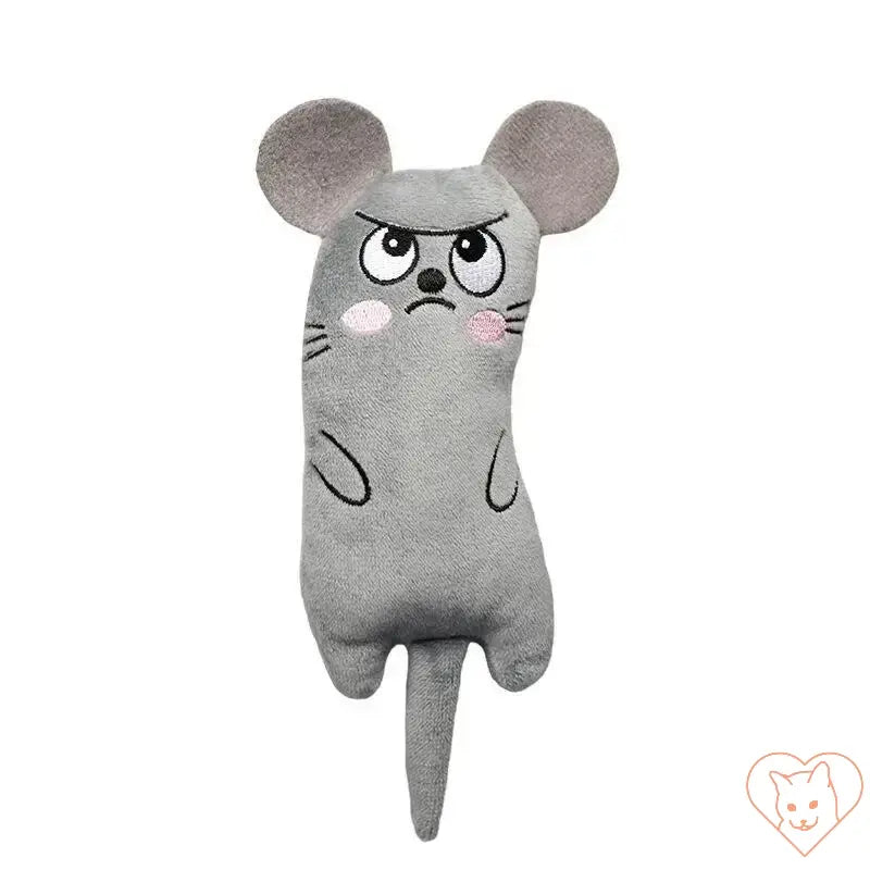 Plush catnip chew toy shaped like an angry mouse, designed for interactive play and cat's excitement.