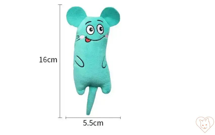 Plush catnip chew toy shaped like a cartoon mouse, 16cm tall and 5.5cm wide, perfect for interactive play.