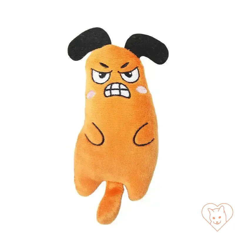 Plush orange dog toy with an angry expression and black ears, perfect for interactive playtime.