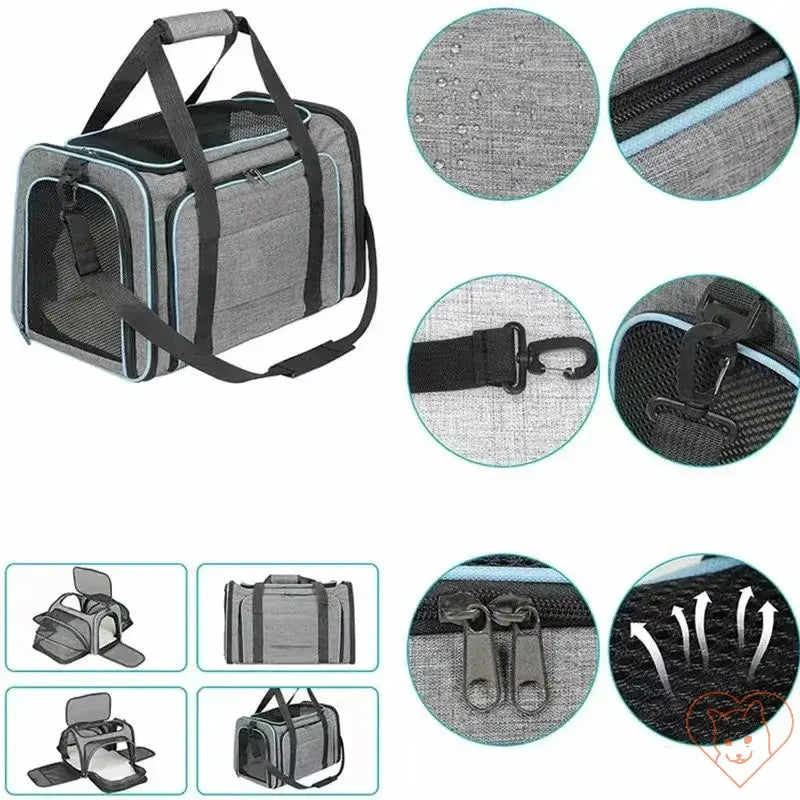 Portable foldable cat carrier backpack with breathable design and multiple functional features.