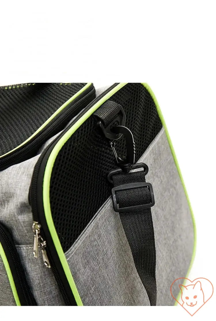 Close-up of portable foldable cat carrier backpack with breathable mesh and durable strap design.