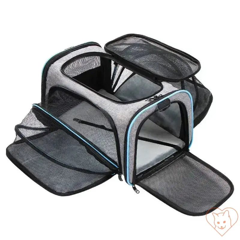 Portable foldable cat carrier backpack featuring a breathable mesh design for comfort and airflow.