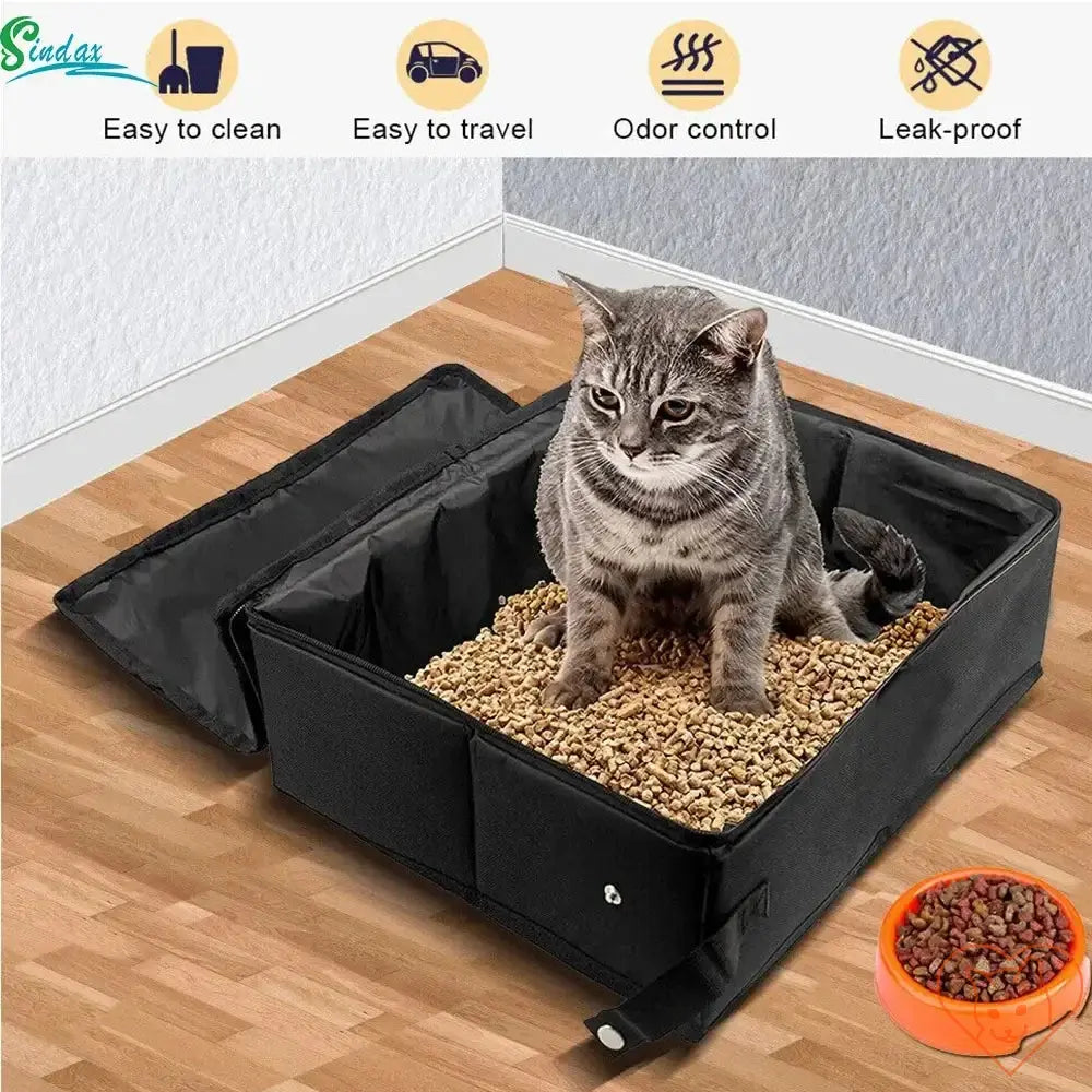 Portable foldable cat litter box with a cat inside, showcasing easy travel and leak-proof design.