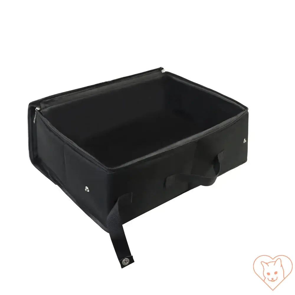 Portable foldable black cat litter box with durable handles, ideal for travel and outdoor use.