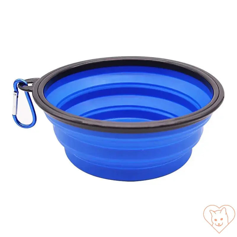 Blue portable folding silicone pet bowl with carabiner for cats and small pets, perfect for travel and outdoor activities.