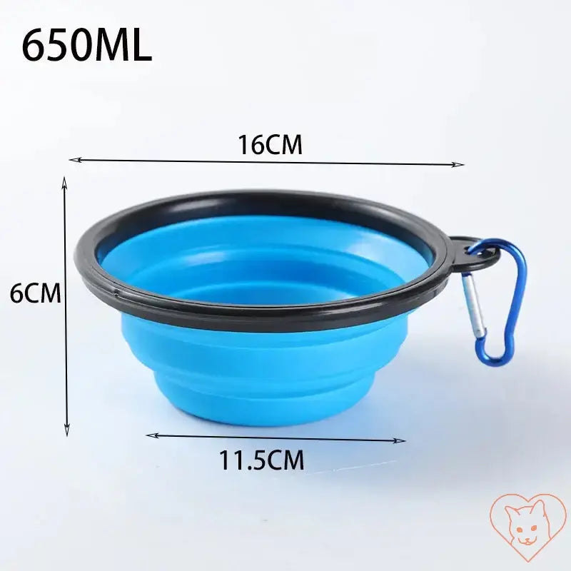 Blue portable folding silicone pet bowl with carabiner, 650ML capacity, lightweight, and easy to clean.