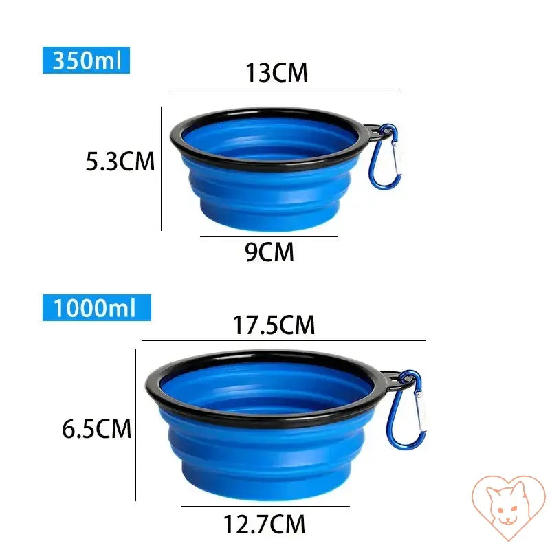 Portable folding silicone pet bowl with carabiner, shown in two sizes: 350ml and 1000ml.