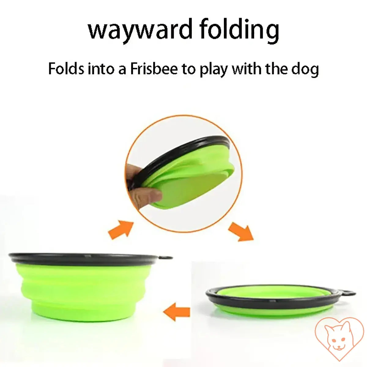 Folding silicone pet bowl transforming into a Frisbee for playtime with dogs.