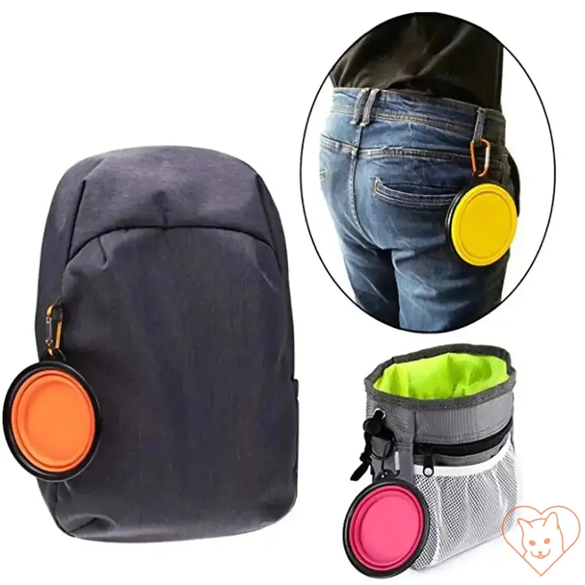 Portable Folding Silicone Pet Bowl with carabiner, attached to a backpack and pocket for easy travel.