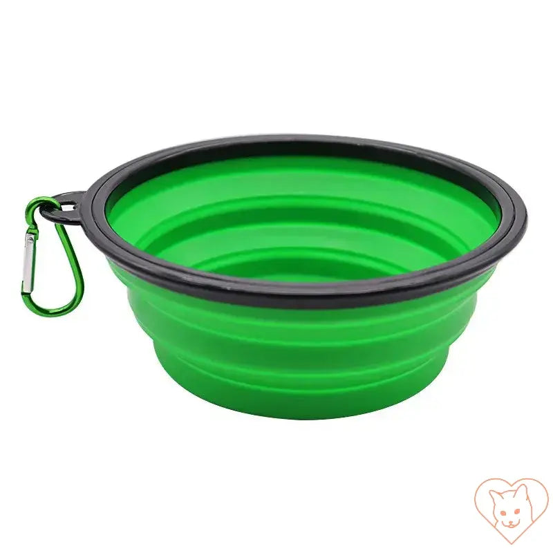 Portable folding silicone pet bowl with carabiner, ideal for feeding and watering small pets on the go.