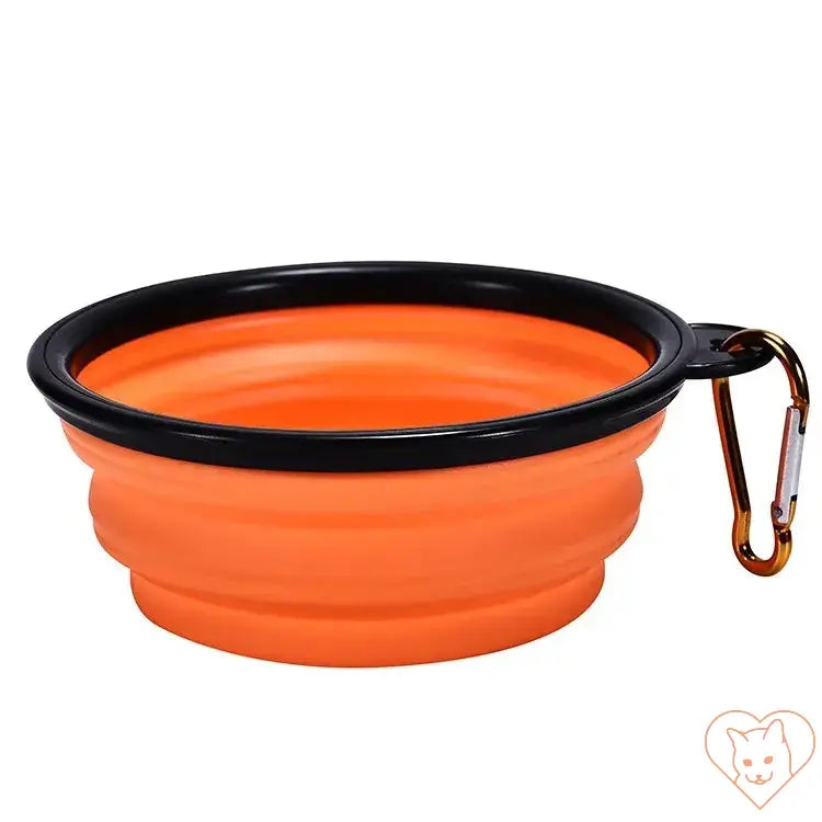 Portable folding silicone pet bowl in orange with a carabiner for easy travel and convenience for small pets.