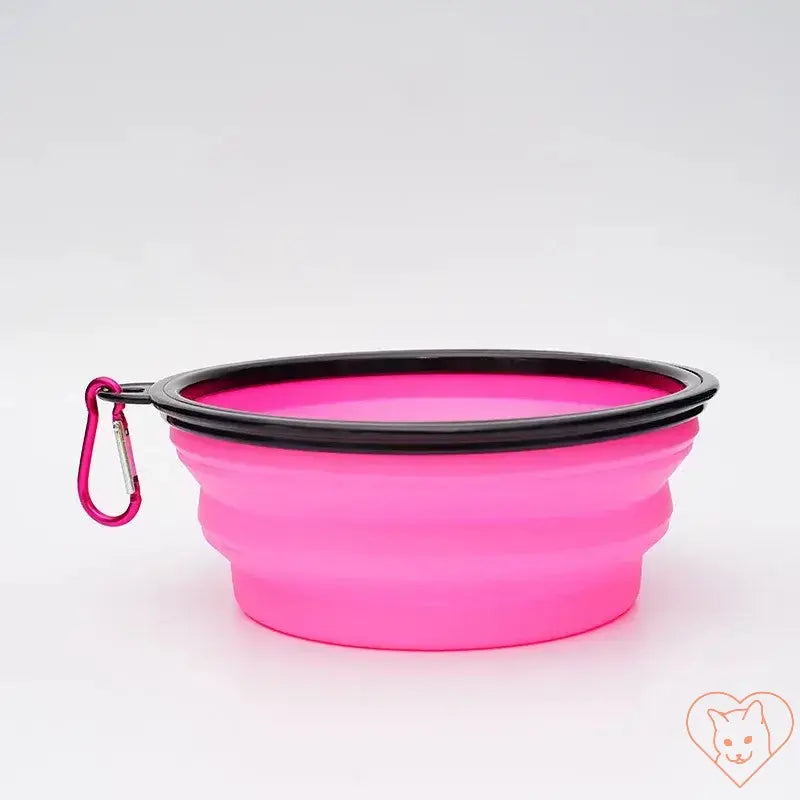 Portable pink folding silicone pet bowl with carabiner, perfect for on-the-go feeding and hydration.