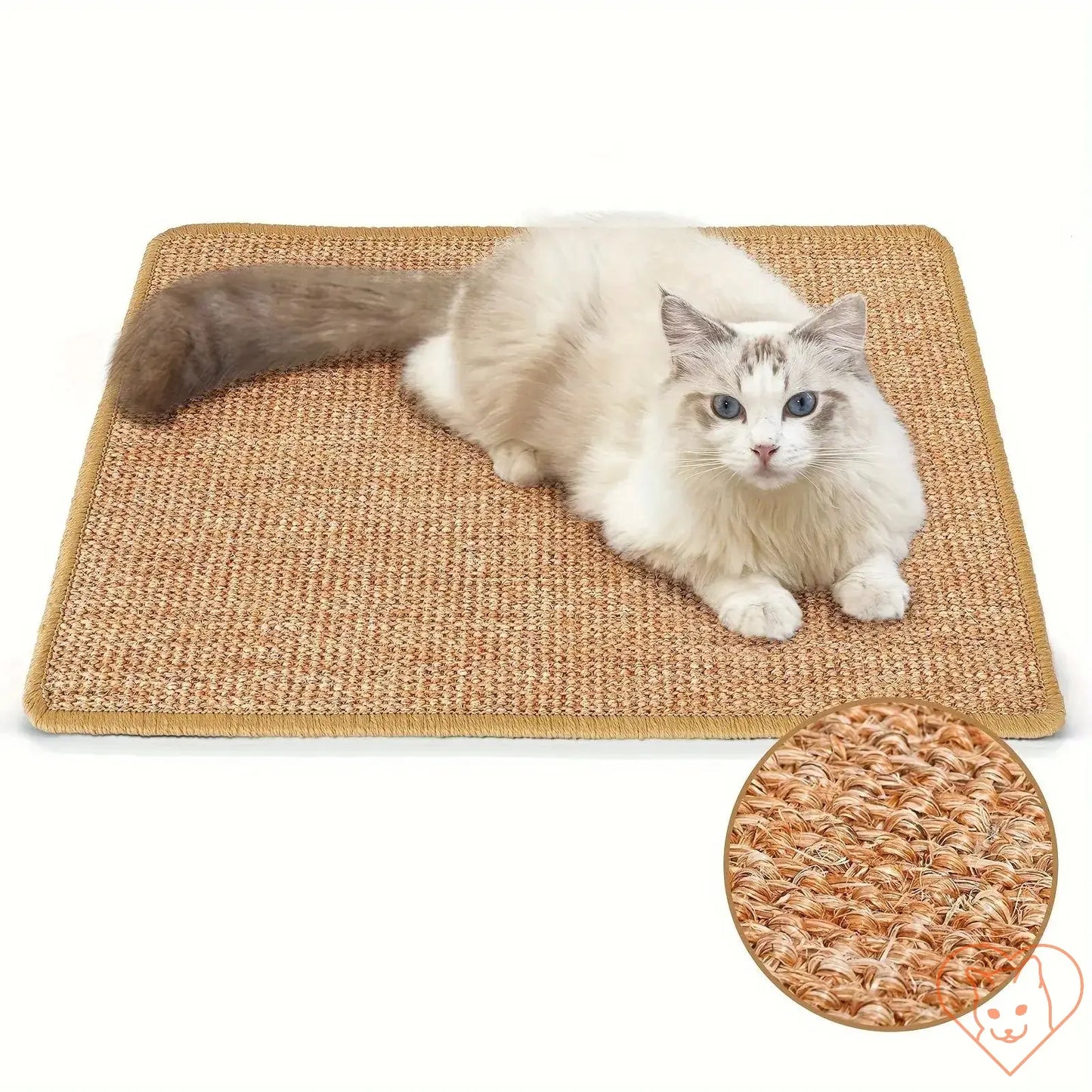 Premium sisal cat scratching mat with a fluffy cat lounging on it, showcasing a durable and eco-friendly design.