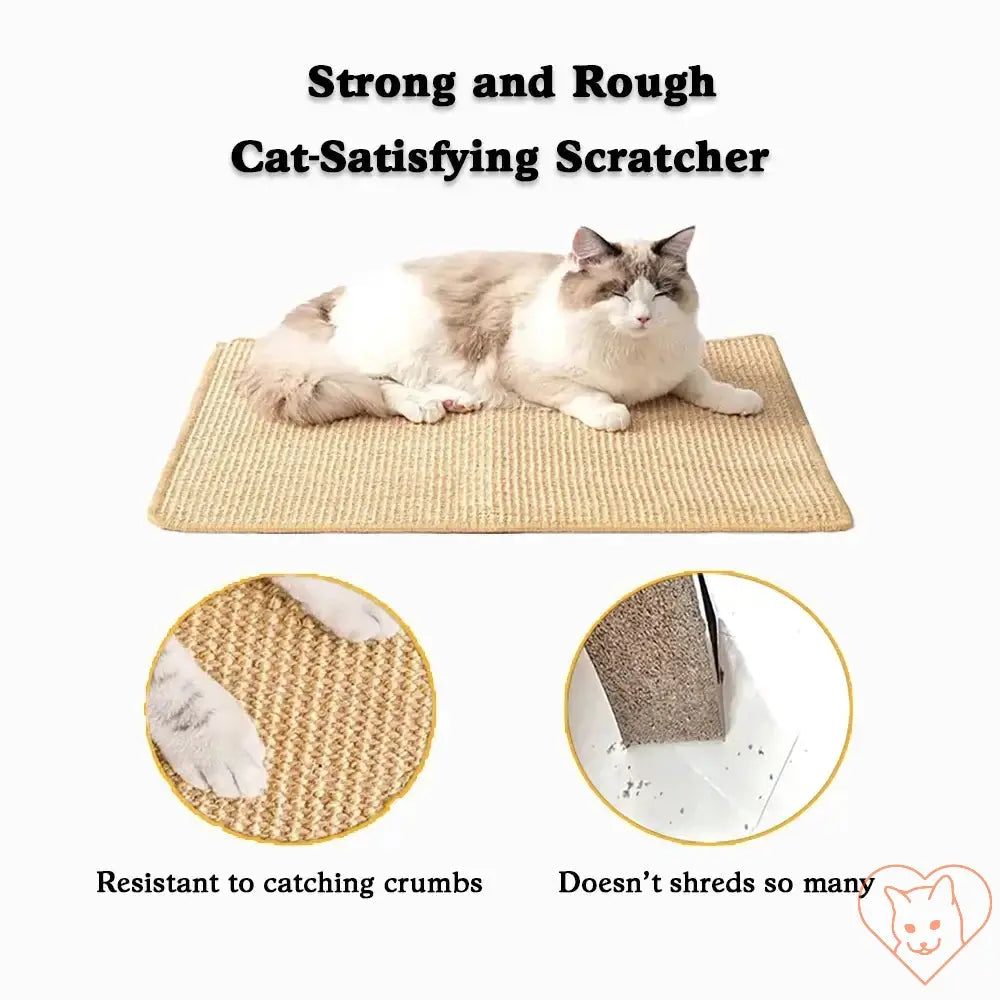 Premium sisal cat scratching mat with a cat resting on it, showcasing durability and eco-friendliness.