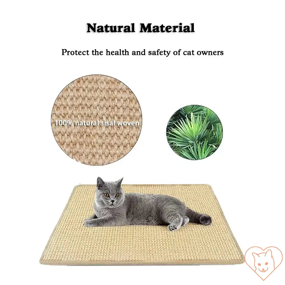 Natural sisal cat scratching mat with a cat, showcasing eco-friendly materials for pet health and safety.