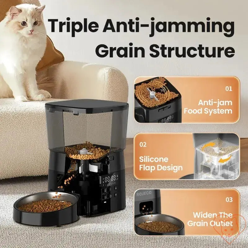 ROJECO Automatic Pet Feeder featuring anti-jamming grain structure and silicone flap design for seamless feeding.