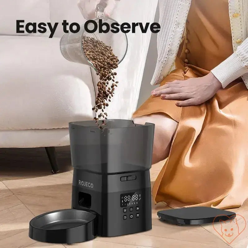 ROJECO Automatic Pet Feeder dispensing food, easy to monitor, stylish design, perfect for cats.