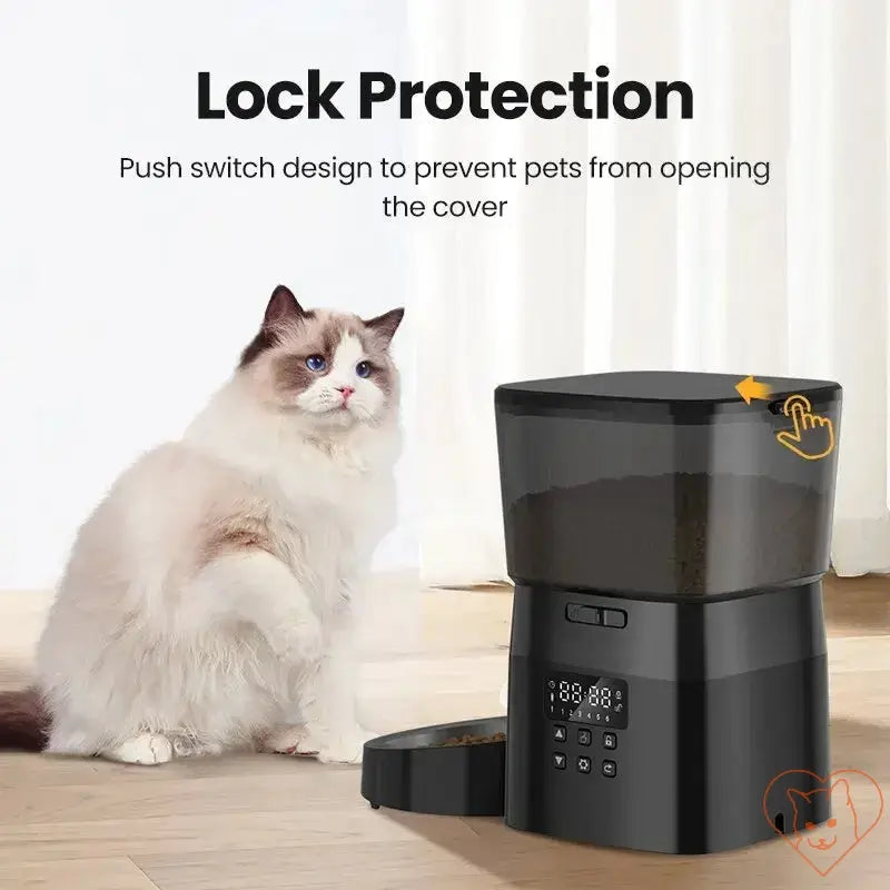 ROJECO Automatic Pet Feeder with lock protection feature, designed to prevent pets from accessing food directly.