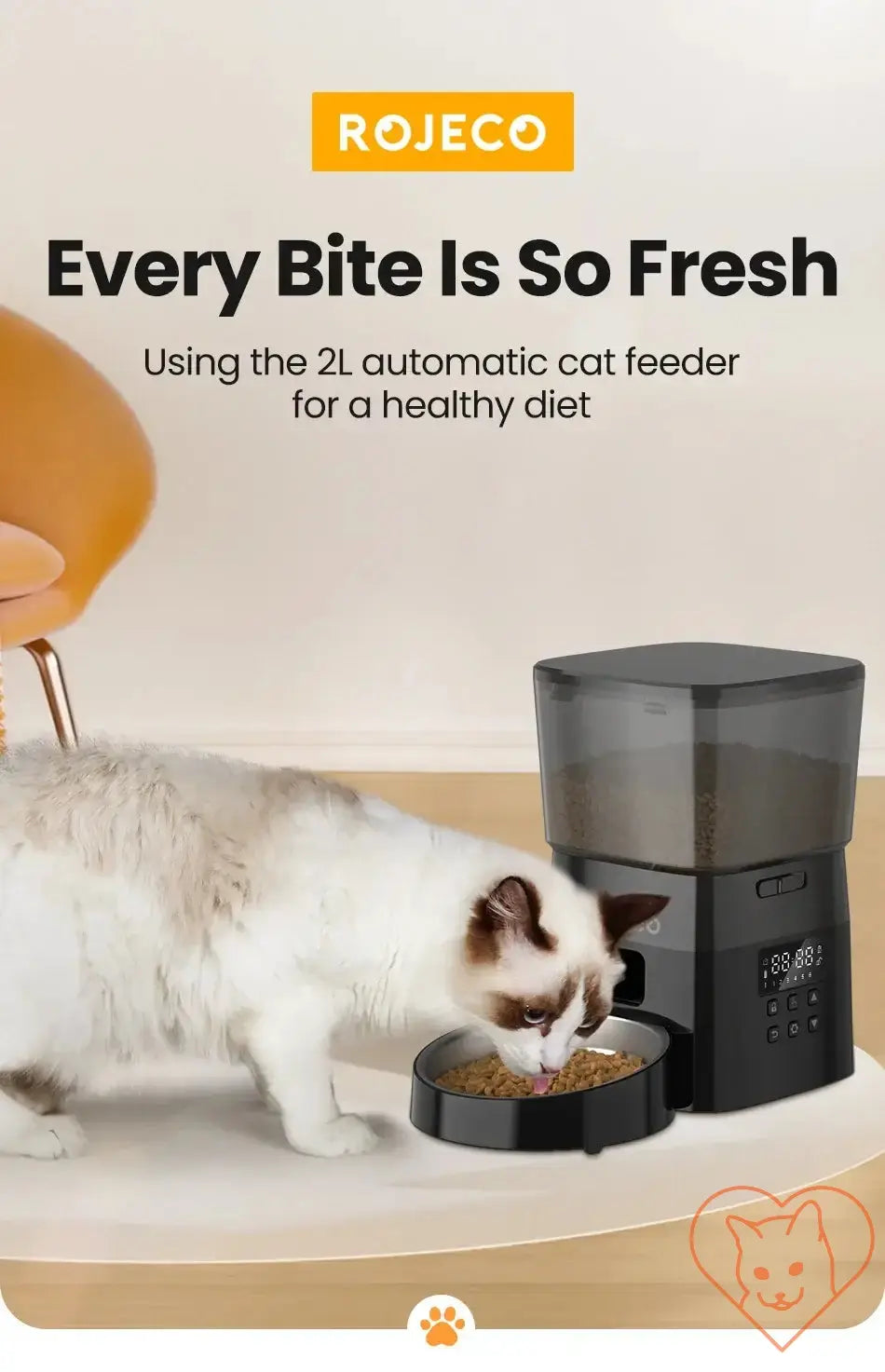 ROJECO Automatic Pet Feeder with cat eating, promoting fresh meals for a healthy diet.