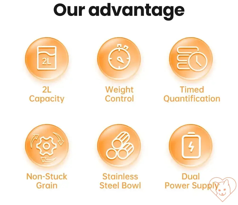 Advantages of ROJECO Automatic Pet Feeder: 2L capacity, weight control, timed quantification, non-stuck grain, stainless steel bowl, dual power supply.