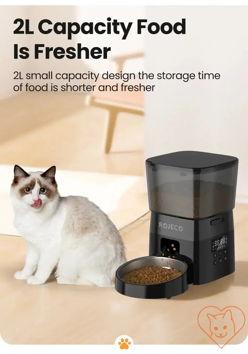 ROJECO Automatic Pet Feeder with 2L capacity for fresher food, featuring a cat nearby and portioned meals.