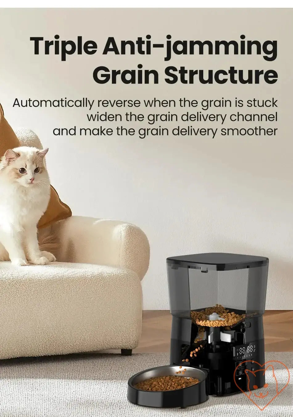 ROJECO Automatic Pet Feeder displaying triple anti-jamming grain structure with cat beside it for optimal feeding.