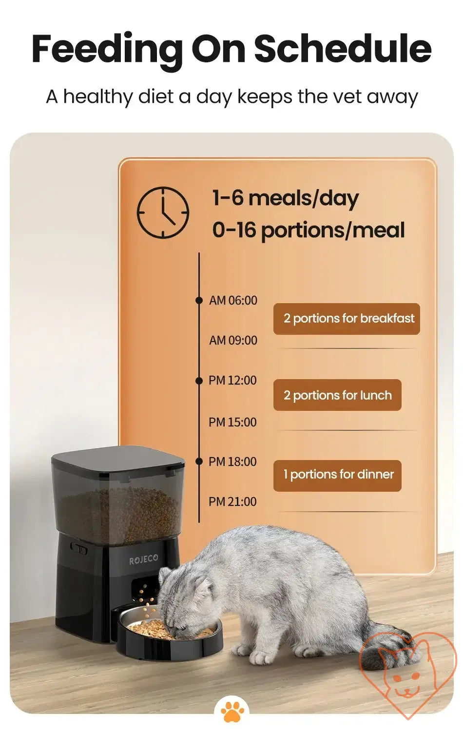 ROJECO Automatic Pet Feeder schedule showing meals and portions for a healthy cat diet.