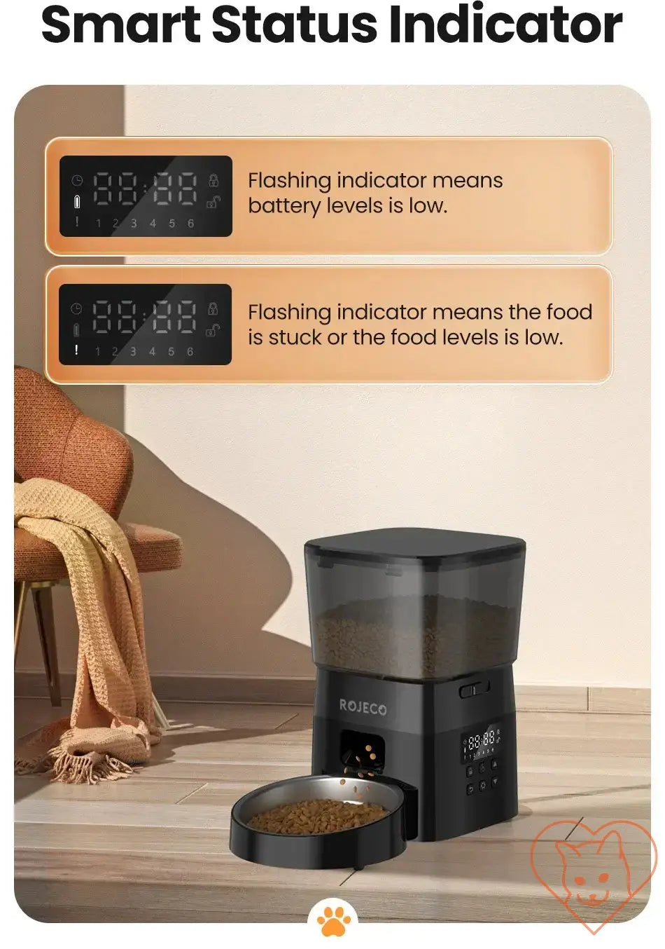 ROJECO Automatic Pet Feeder showing smart status indicators for battery and food levels