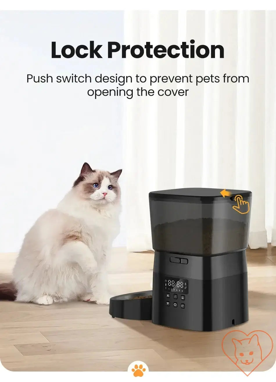 ROJECO Automatic Pet Feeder with lock protection feature and cat nearby, designed for secure feeding.