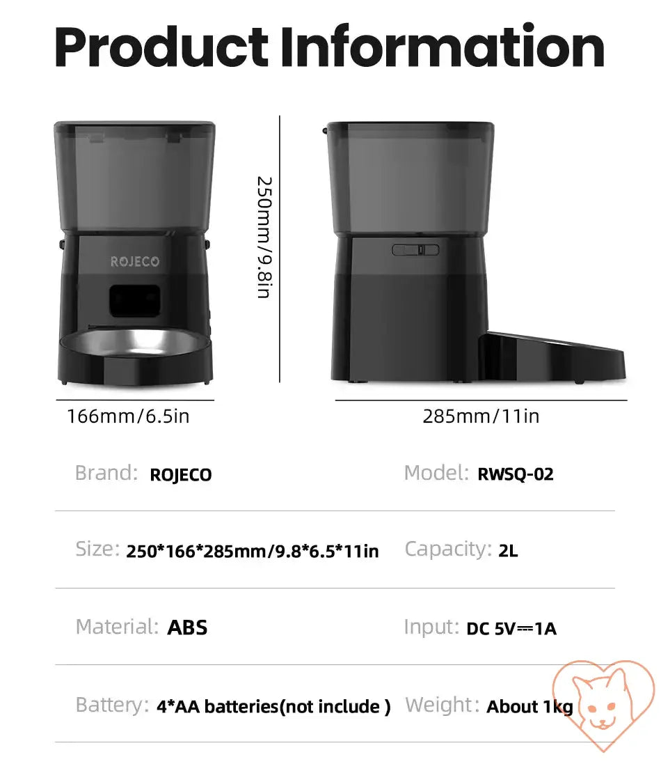 Product information for ROJECO Automatic Pet Feeder showing dimensions, capacity, and brand details.