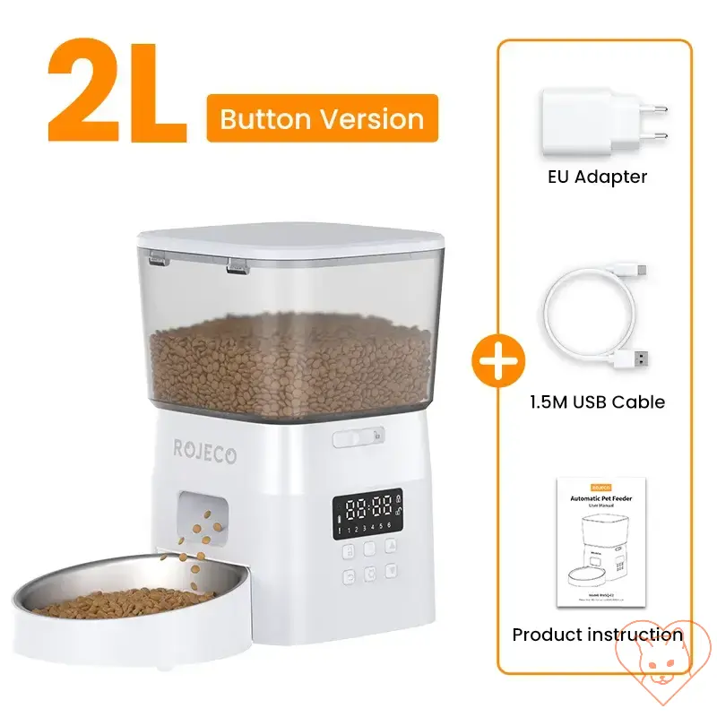 ROJECO Automatic Pet Feeder Button Version with 2L capacity, EU adapter, USB cable, and product instructions.