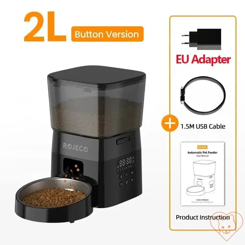 ROJECO 2L Automatic Pet Feeder - Button Version with EU Adapter, USB cable, and instruction manual for easy feeding.