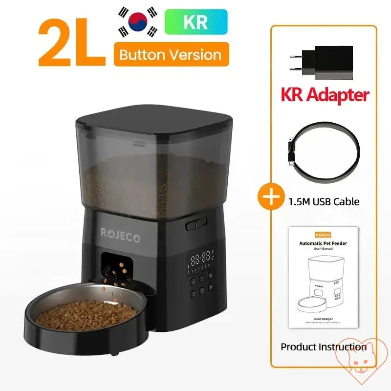 ROJECO Automatic Pet Feeder with 2L capacity, button version, includes KR adapter, USB cable, and product instructions.