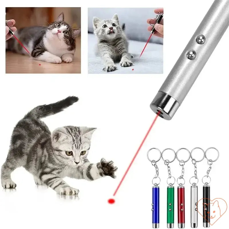 Interactive red laser light pointer for cats, featuring playful kittens and various colored keychain designs.