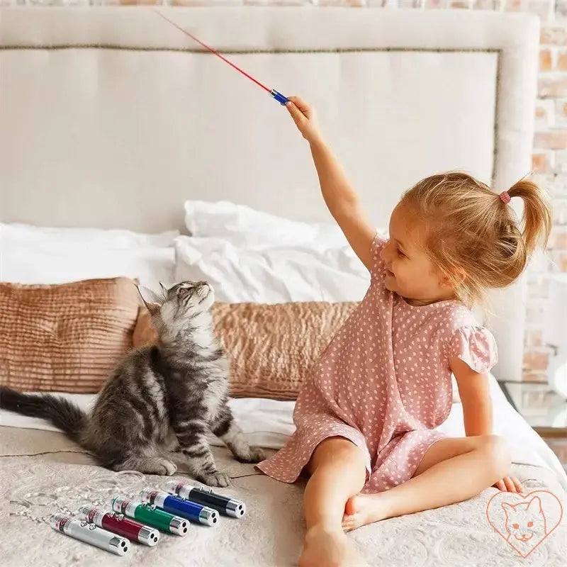 Child playing with a cat using a red laser light pointer, showcasing interactive cat toy fun.