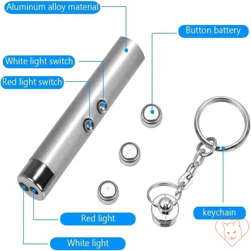 Red Laser Light Pointer features with aluminum alloy, buttons for red and white lights, and keychain attachment.