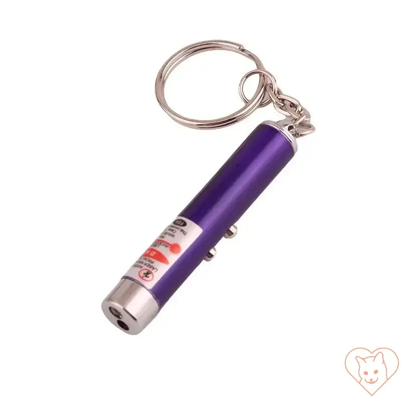 Purple laser pointer keychain for interactive cat play and exercise.